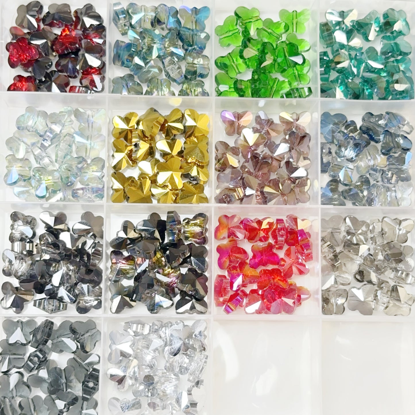 【Live開封】1袋/15個-蝶-濃い色 ガラスビーズ-（8-10mm）17色mix-キラキラ ビーズ